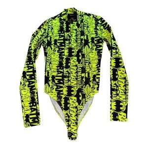 Forever 21- Size S Neon Yellow and Black Batman Graphic Bodysuit-Mini Turtleneck